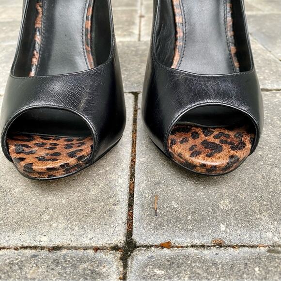 Saks Fifth Avenue Adriana Black and Leopard Print Leather High Peep Toe Heels - Picture 5 of 10